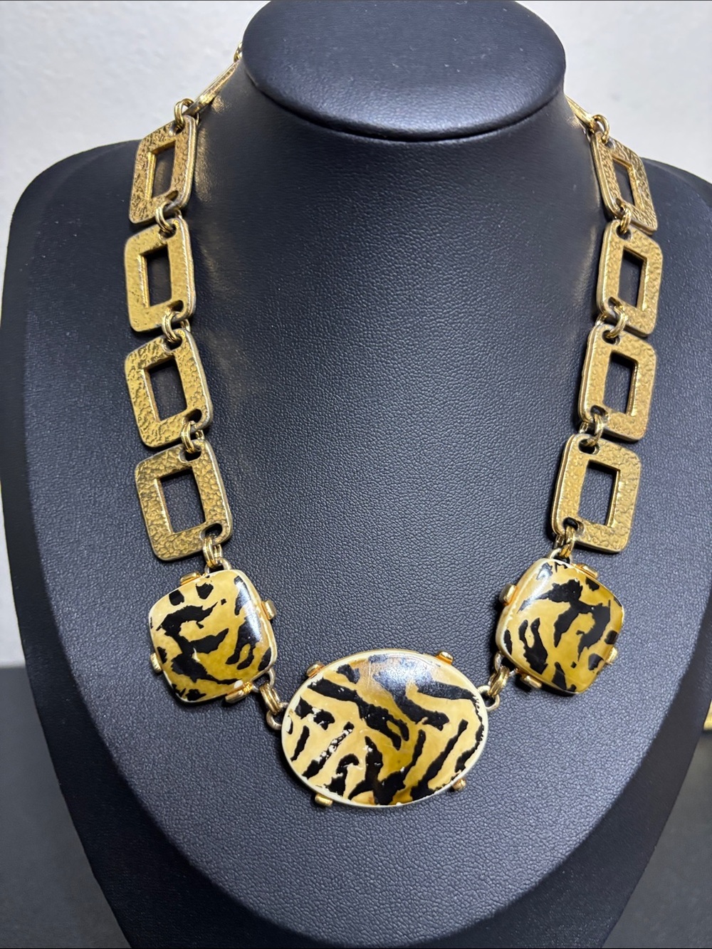 Gold-Tone Leopard Print Statement Necklace Tan Black Rectangle